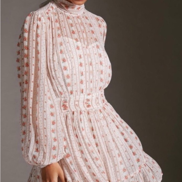 Anthropologie Let Me Be Pink Floral Combo Tie Mockneck Sheer Minidress with Slip - Picture 4 of 8